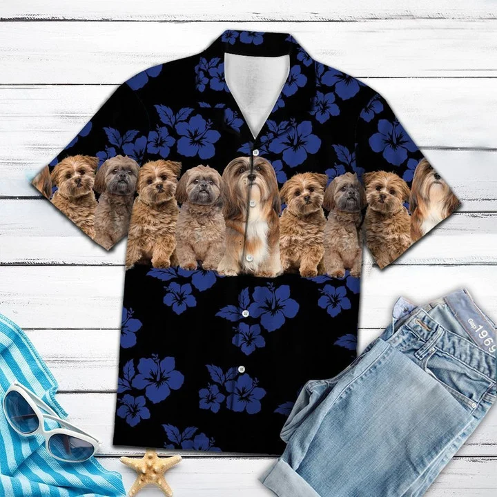Awesome Lhasa Apso Dog Group On Hibiscus Pattern Hawaiian Shirt