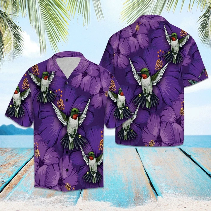 Hawaiian Shirt Blossom Purple Hibiscus With Hummingbird hawaiian shirt for Men