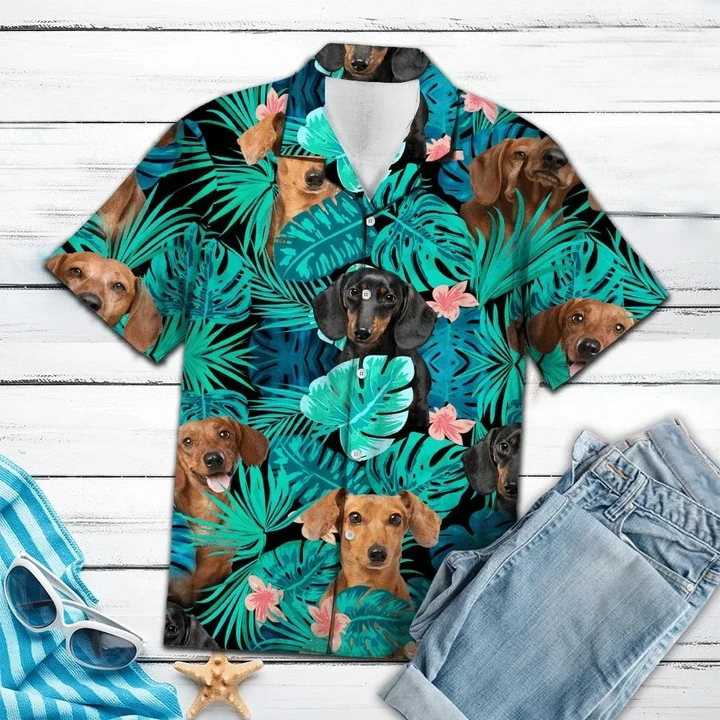 Dachshund Behind Tropical Leave Hawaiian Shirt