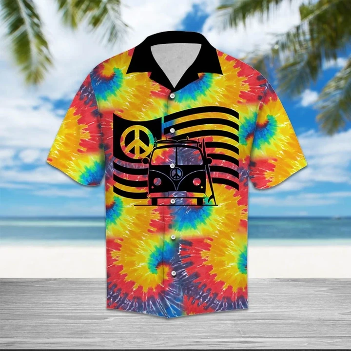 Hippie Car Humankind Be Both Peace Sign Flag On Swirl Tie Dye Hawaiian Shirt