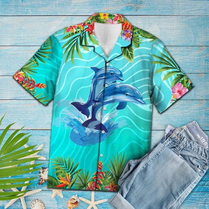 A Couple Of Dolphin Love Summer Vacation Themed Pattern Hawaiian Shirt