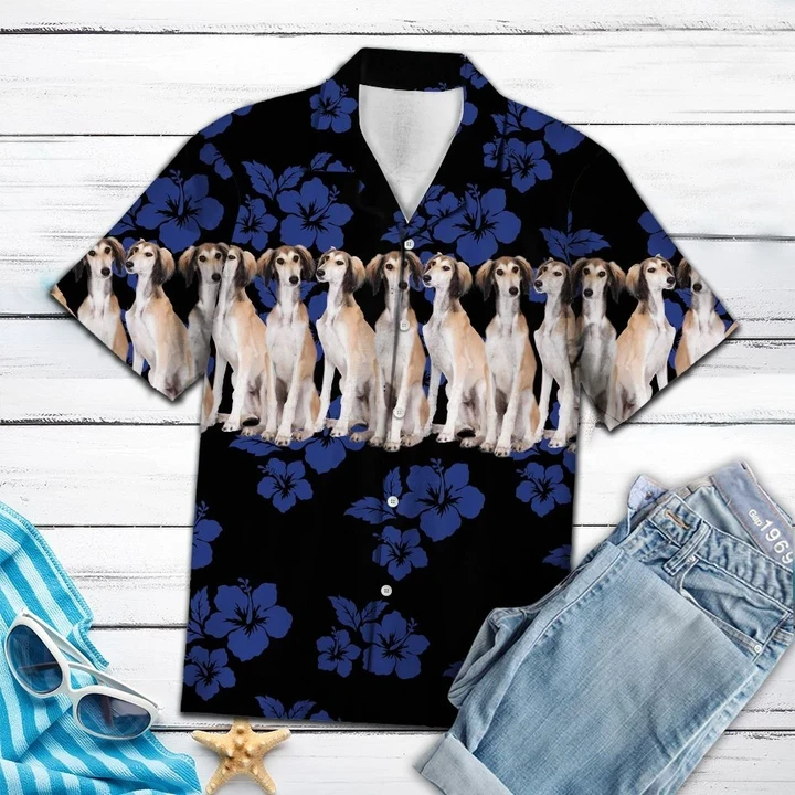 Saluki Dogs With Blue Hibiscus In Black Hawaiian Shirt