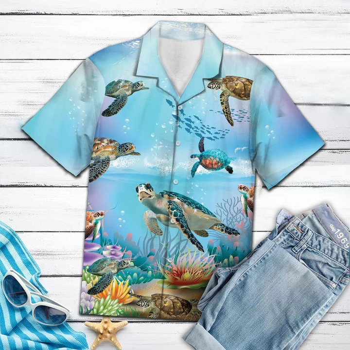Happy Turtle Swimming Undersea Life Themed Hawaiian Shirt