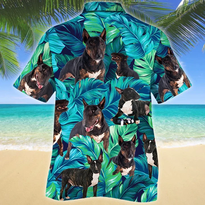 Bull Terrier Dog Lovers Blue And Green Tropical Leave Pattern Hawaiian Shirt