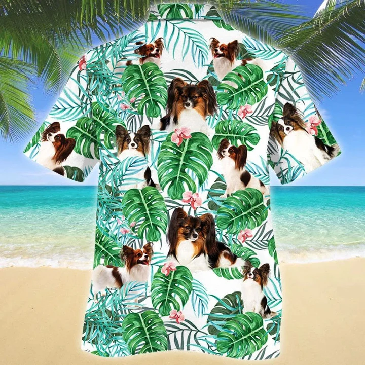 Papillon Dog Tropical Plant Monstera Leaves And Pink Flower Pattern Hawaiian Shirt