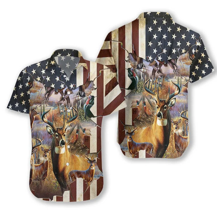 American Hunter Rustic US Flag Pattern Hawaiian Shirt