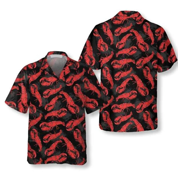 Tropical Lobster Hand Drawn Pattern Black Theme Hawaiian Shirt