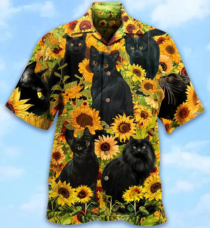 Black Cat Love Sunflower 3D All Over Printed Hawaiian Shirt