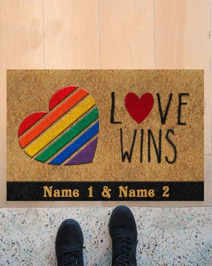 Personalized Welcome Outdoor Entrance Pride Lgbt Doormat/ Rainbow Heart Pride Mat Decor/ Love Win Lesbian Doormat