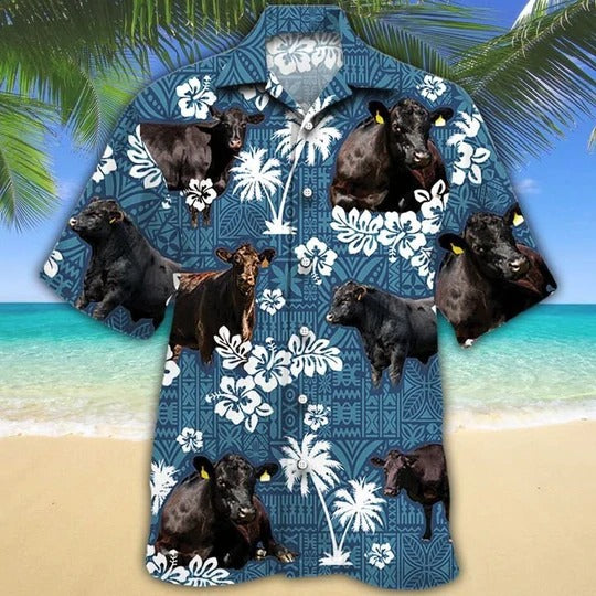 Black Angus Cattle Lovers Blue Tribal Hawaiian Shirt/ Unisex Print Aloha Short Sleeve Casual Shirt