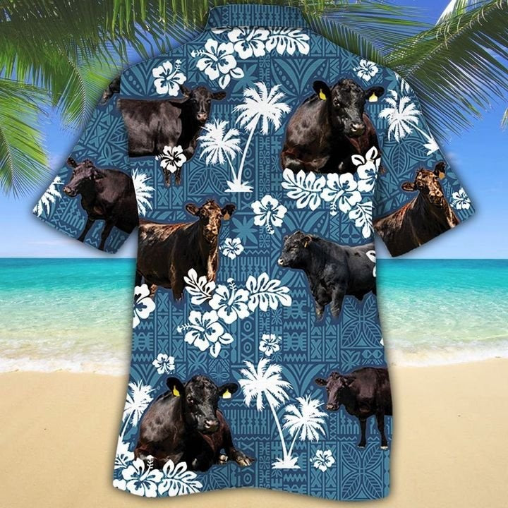 Black Angus Cattle Lovers Blue Tribal Hawaiian Shirt/ Unisex Print Aloha Short Sleeve Casual Shirt