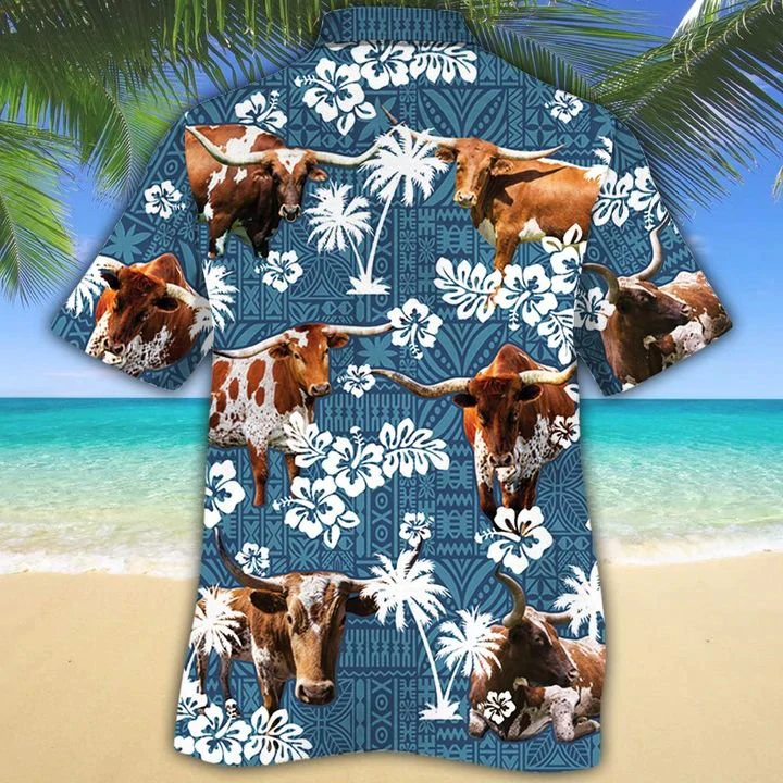 Tx Longhorn Cattle Lovers Blue Tribal Hawaiian Shirt/ Cow Hawaiian shirts for men/ Women