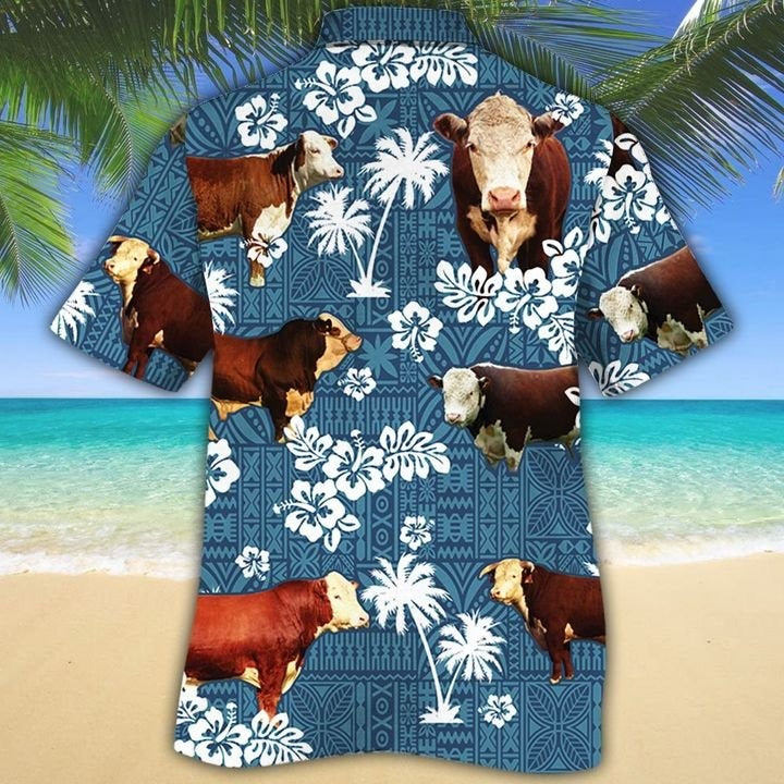 Hereford Cattle Lovers Blue Tribal Hawaiian Shirt/ Unisex Print Aloha Short Sleeve Casual Shirt