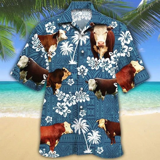 Hereford Cattle Lovers Blue Tribal Hawaiian Shirt/ Unisex Print Aloha Short Sleeve Casual Shirt