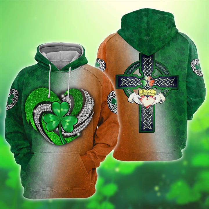 Irish Saint Patrick Day 3D All Over Printed Unisex Shirt/ Heart Glitter Shamrock Center Shirt