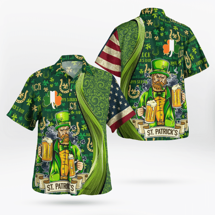 St Patrick''s Day Hawaiian Shirt/ Good Luck Shamrock Drinking Man Hawaii Shirt - Irish Gifts