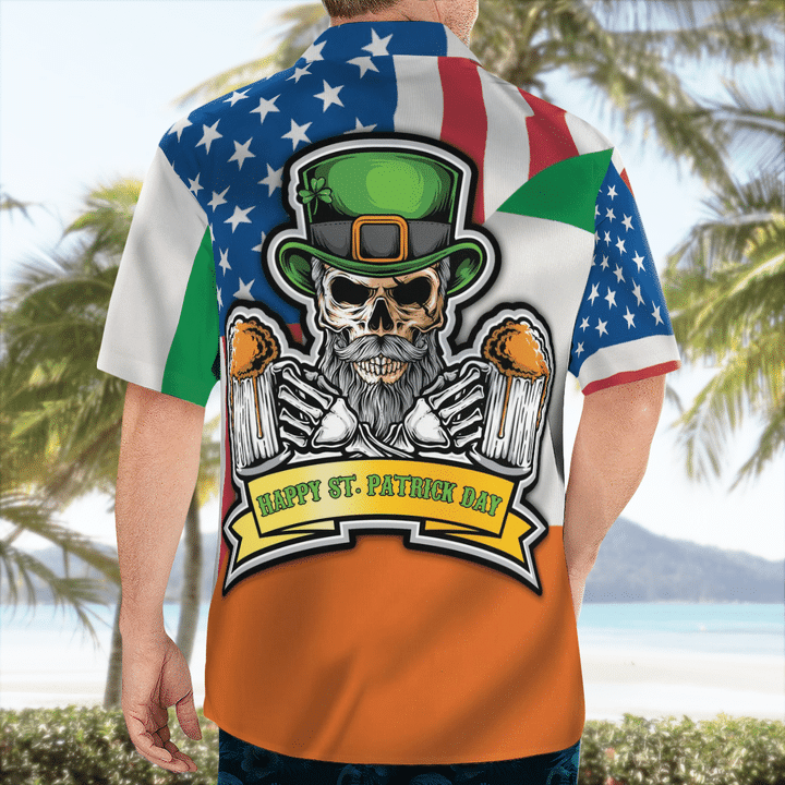Hawaiian Aloha Shirts/ American Irish Flag With Celtic Cross Drinking Skeleton Hawaii Shirt - Gift For Irish