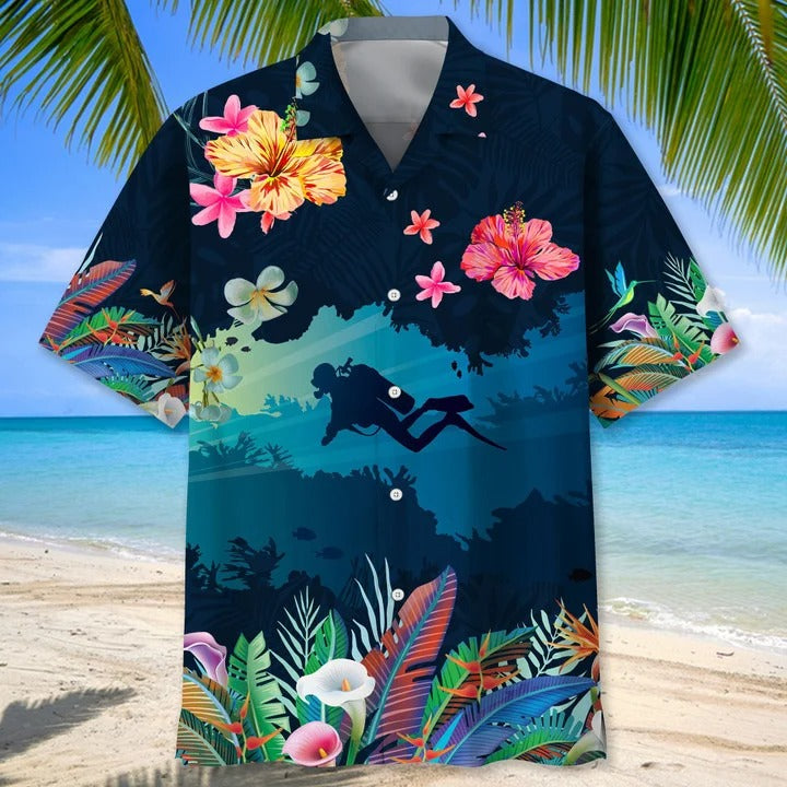 Scuba Diving USA Blue Tropical Hawaiian Shirts/ Aloha Diving Beach Shirt/ Beautiful Hawaiian Shirt For Summer