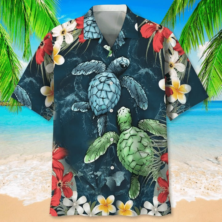 Turtle Flower Hawaiian Shirt/ Aloha Beach Shirt For Turtle Lovers/ Present To Turtle Lovers
