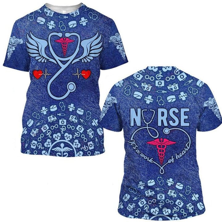 Personalized Nurse It''s A Work of Heart TShirt/ Earning Wing With Heart Beat Pattern/ Perfect Nurse Apparel Gift Ideas