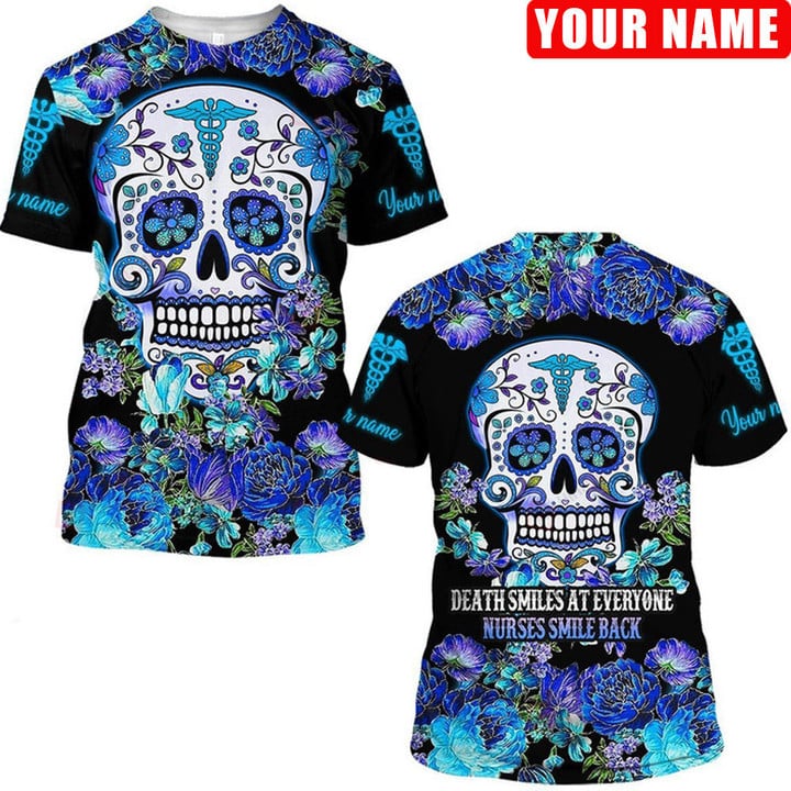 3D All Over Print Skull Nurse Smile Back Shirt/ Best Idea Gift for Nurse/ Skull Flower Nurse Shirt