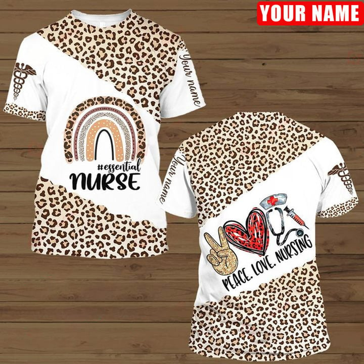 Personalized Peace Love Nursing Leopard Pattern Shirt/ Essential Nurse Rain Bow Leopard TShirt