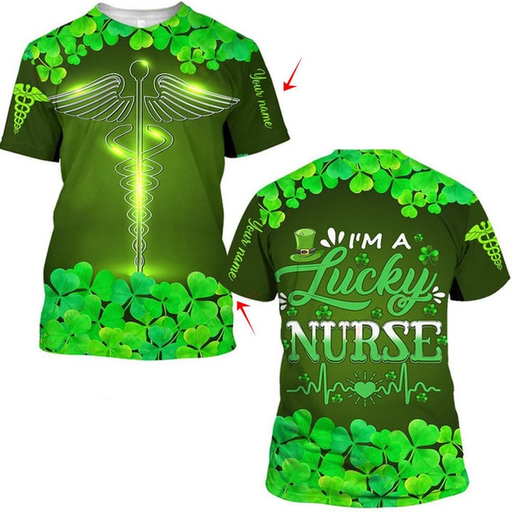 I''m a Lucky Nurse Shamrock Patrick Day Shirt/ Custom Name Shamrock Pattern/ Amazing Gifts Idea For Nurse