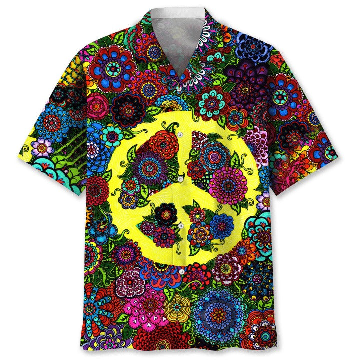 Hippie Flower Hawaiian Shirt/ Colorful Hippie Floral Hawaii Beach Shirt/ Summer Aloha Beach Shirts