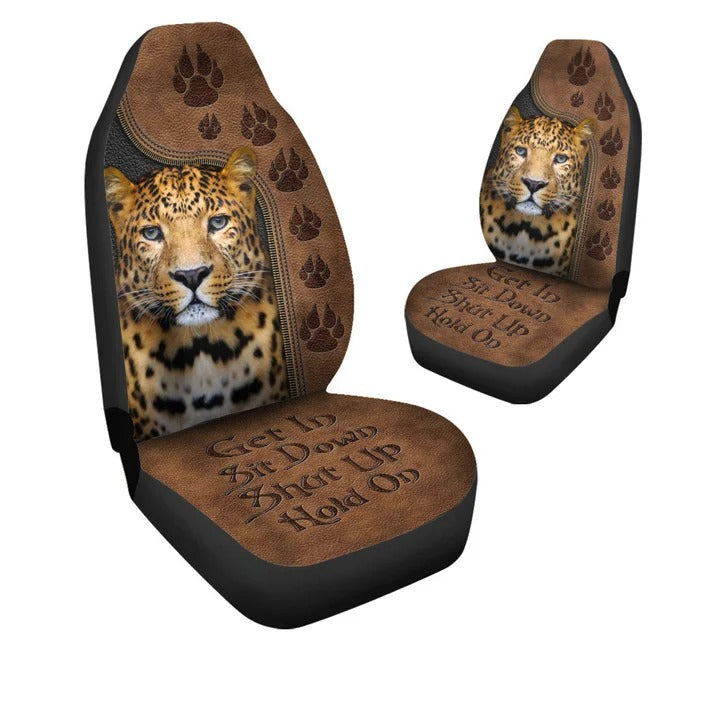 Leopard Get In Sit Down Hold on Front Car Seat Covers Universal Fit
