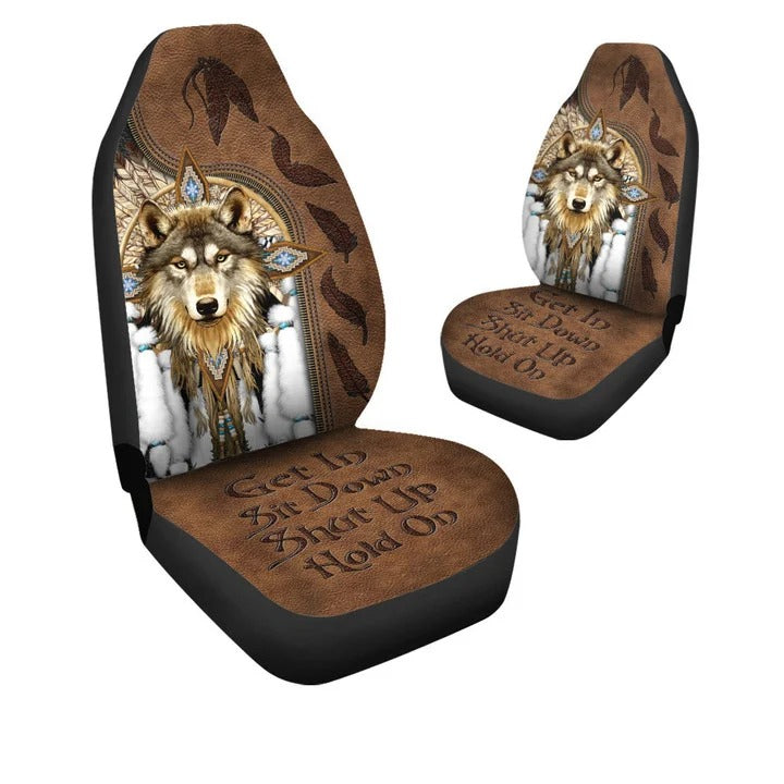 Native Wolf Hold on Funny Car Seat Covers Universal Fit Set 2