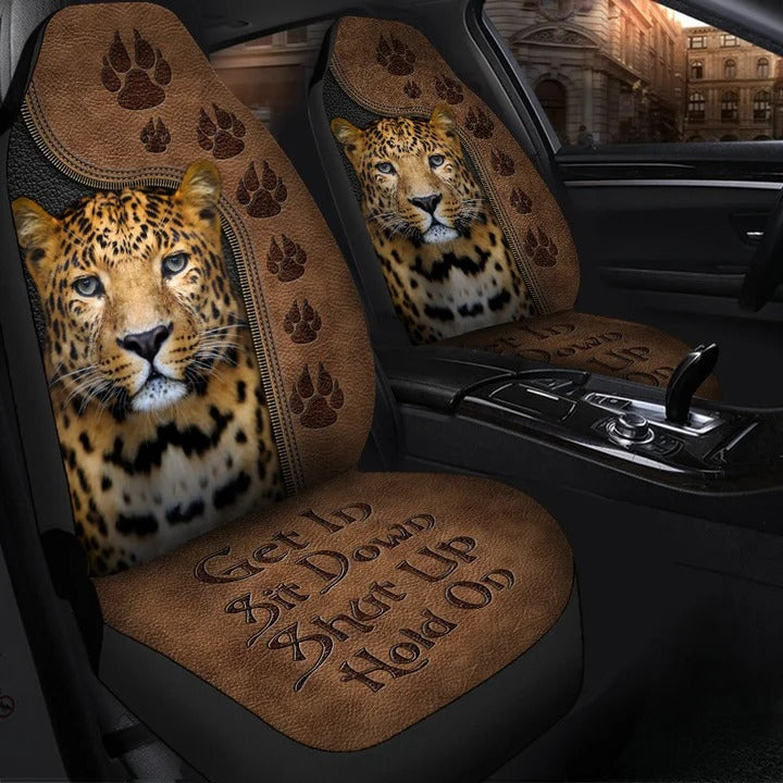 Leopard Get In Sit Down Hold on Front Car Seat Covers Universal Fit