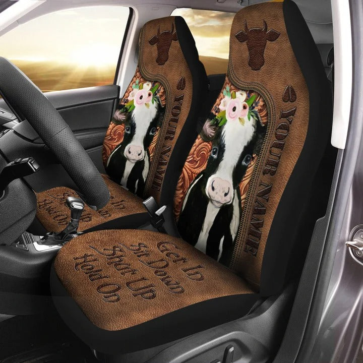 Personalized Name Cow Leather Hold on Car Seat Covers Universal Fit