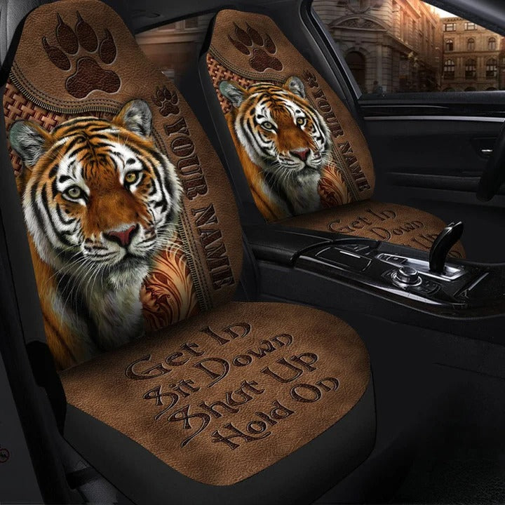 Custom Car Seat Cover For Tiger Lover Sit Down Hold On Brown Pattern