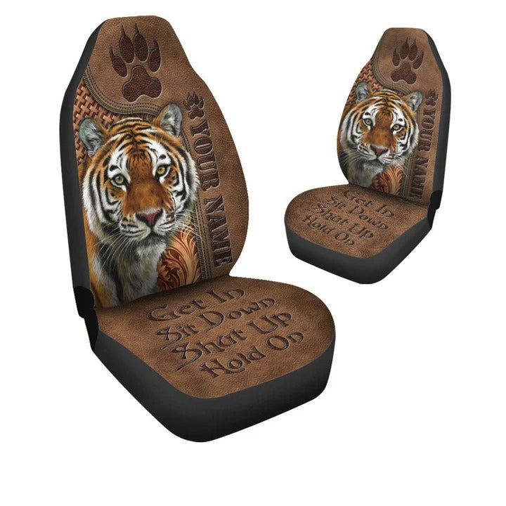 Custom Car Seat Cover For Tiger Lover Sit Down Hold On Brown Pattern