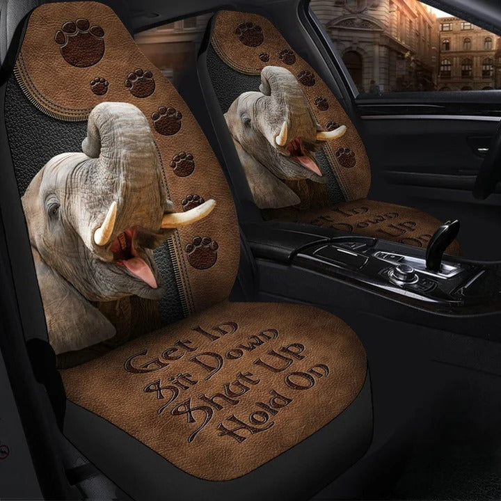 3D All Over Printed Elephant Car Seat Cover Brown Leather Pattern/ Shut Up Hold On Seat Cover