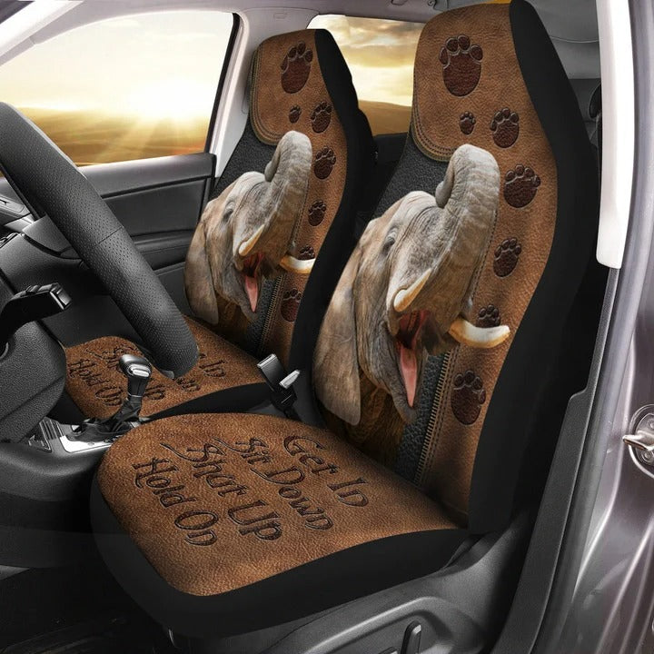 3D All Over Printed Elephant Car Seat Cover Brown Leather Pattern/ Shut Up Hold On Seat Cover