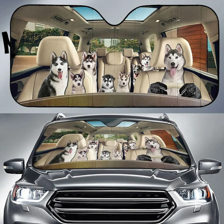 Siberian Husky Family Car Sun Shade/ Funny Dog Car Sunshade