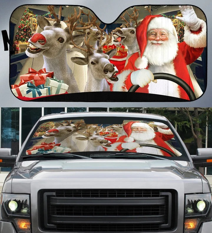 Santa And Reindeer Auto Car Sunshade
