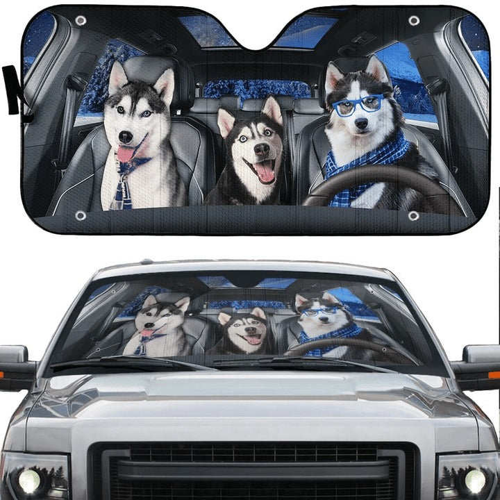 Happy Husky Family Car Sunshade/ Dog Cute Car Sun Shade Cover