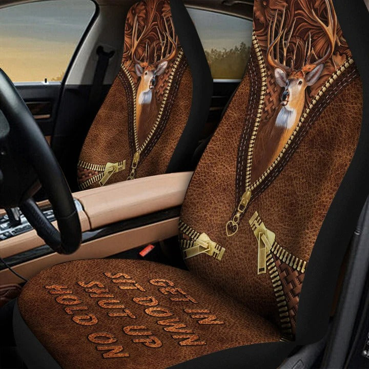 Deer Zipper Brown Leather Pattern Car Seat Cover