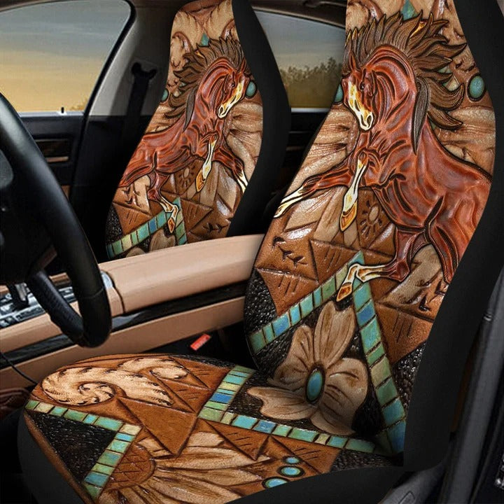 Faux Tooled Leather Brown Horse Car Seat Cover Set