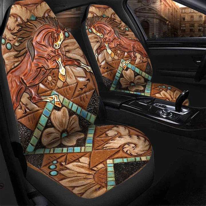 Faux Tooled Leather Brown Horse Car Seat Cover Set