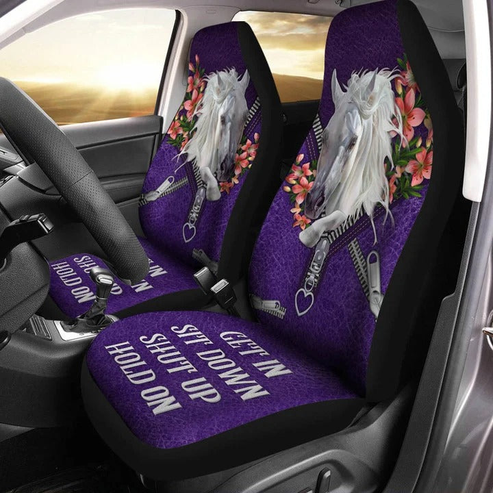 White Horse Flower Zip Purple Car Seat Cover/ Get In Sit Down Auto Seat Cover For Women