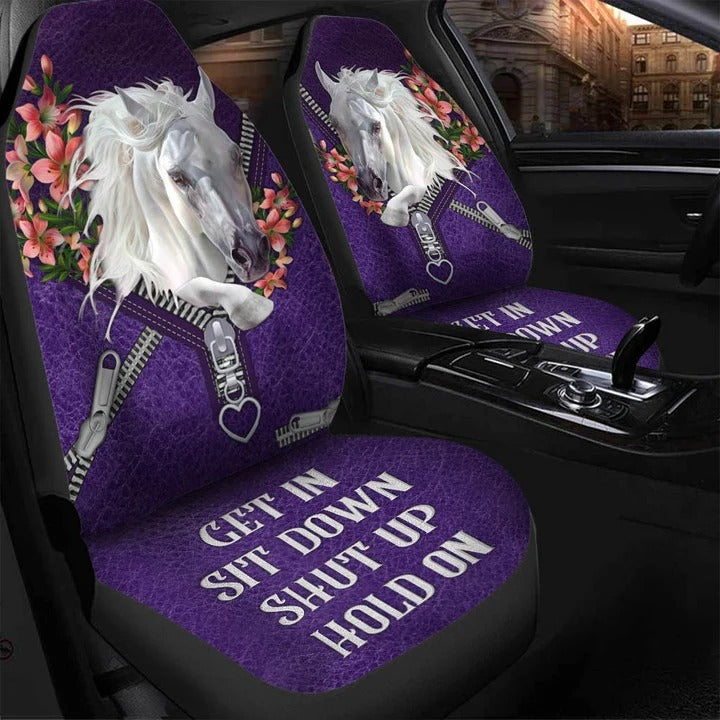 White Horse Flower Zip Purple Car Seat Cover/ Get In Sit Down Auto Seat Cover For Women