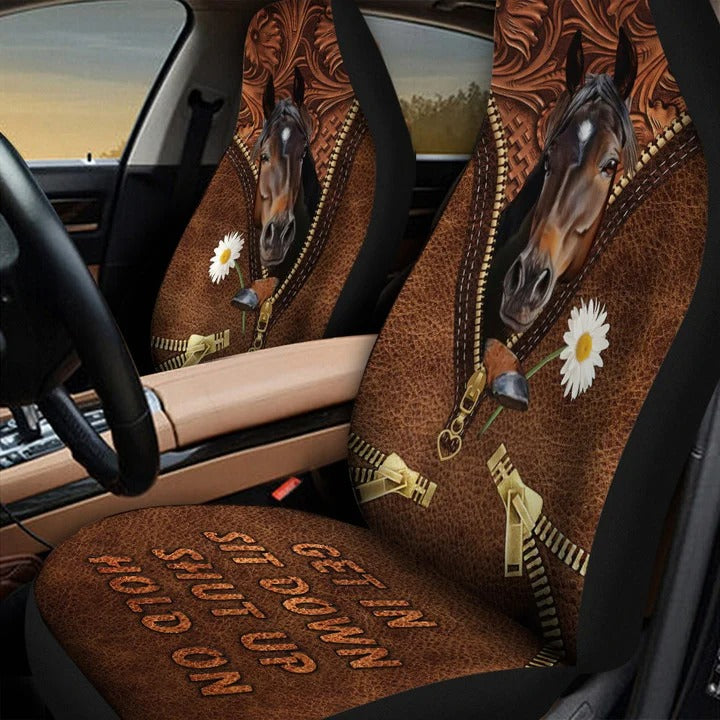 Horse Daisy Zip Car Seat Cover Leather Pattern/ Get In Sit Down Carseat Cover