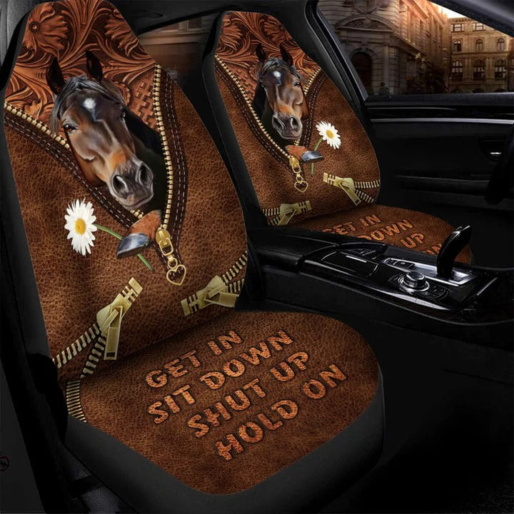 Horse Daisy Zip Car Seat Cover Leather Pattern/ Get In Sit Down Carseat Cover