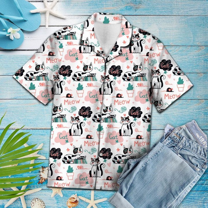 Cute Cat Say Meow Activities Of A Day Pattern Hawaiian Shirt