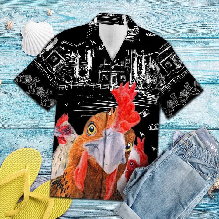 Sketch Countryside With Rooster Hawaiian Shirt