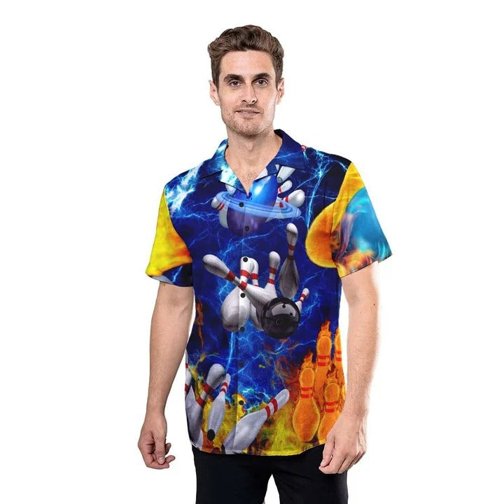 3D All Over Printed Fire Bowling Hawaiian Shirt/ Love Bowling Hawaii Aloha Beach Shirts