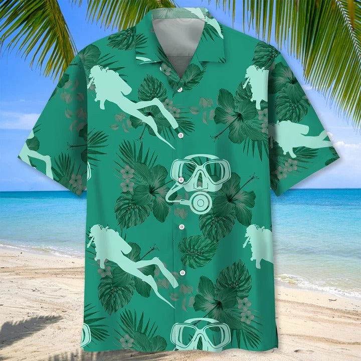 Scuba Diving Kelly Green Hawaiian Shirt/ Aloha Summer Scuba Diving Shirts/ Scuba Diving Turtle Hawaiian Shirt